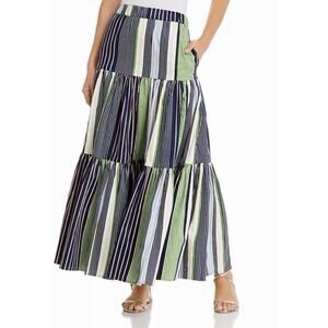 Tory Burch Green Blue White Striped Field Day Peasant Boho Maxi Skirt Medium
